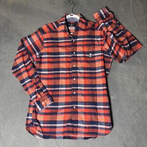 Psycho Bunny Mens Orange Blue Plaid Flannel Button Down Shirt Size Medium Cotton